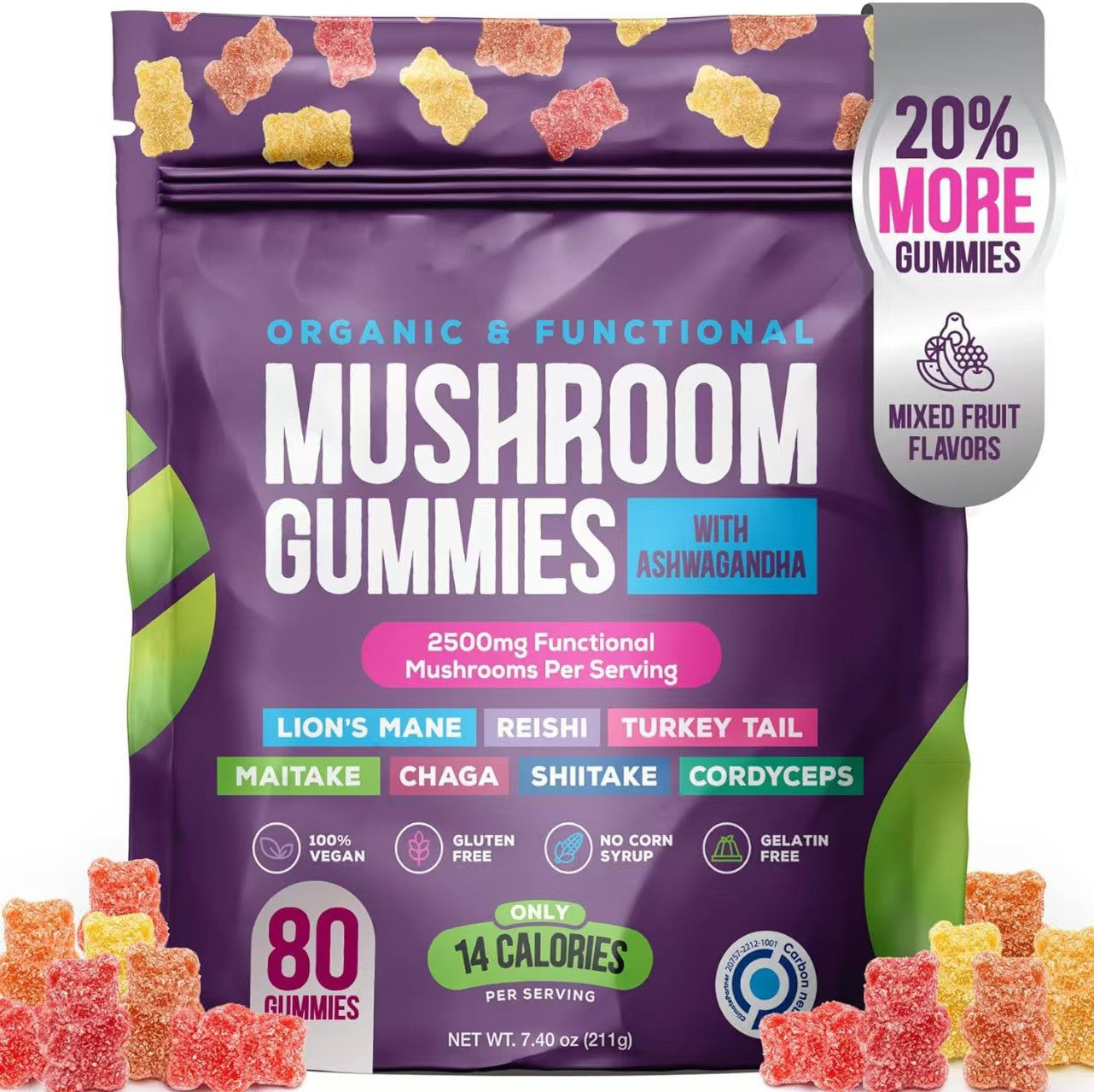 Pilzgummis mit Ashwagandha – Löwenmähne, Reishi, Chaga, Cordyceps und mehr – 80 vegane Gummis, gemischter Fruchtgeschmack