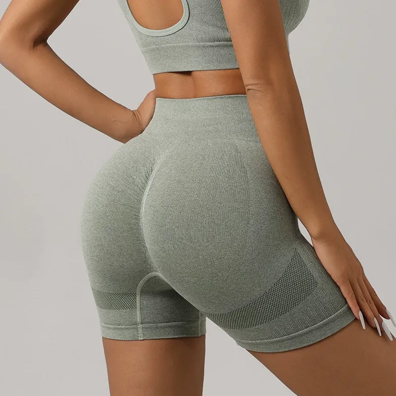Knitted Yoga Set Sports Bra High Waist Shorts Fitness Outfit