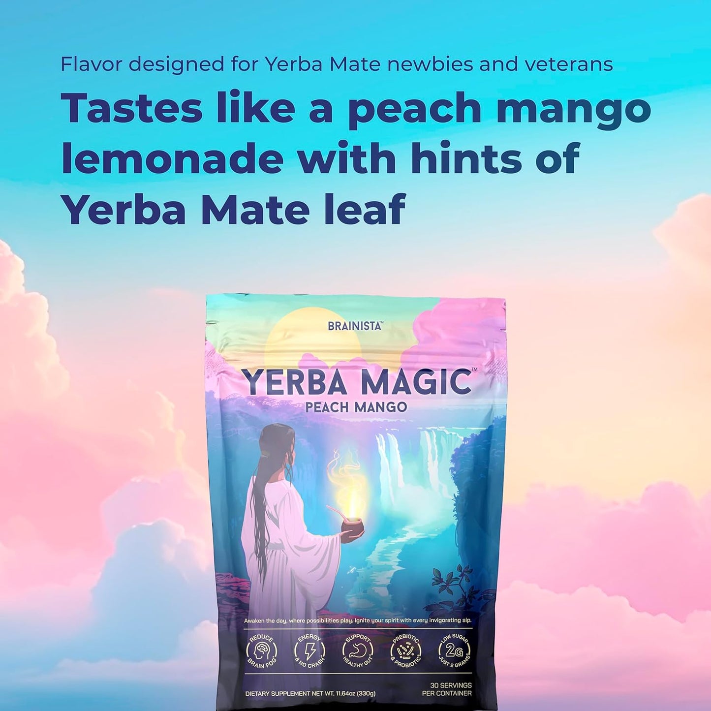 Yerba Magic | Yerba Mate Instant Tea Powder | 3-in-1 Super Drink | Peach Mango 30 Servings