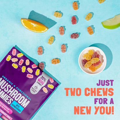 Mushroom Gummies with Ashwagandha – Lions Mane, Reishi, Chaga, Cordyceps & More – 80 Vegan Gummies, Mixed Fruit Flavor