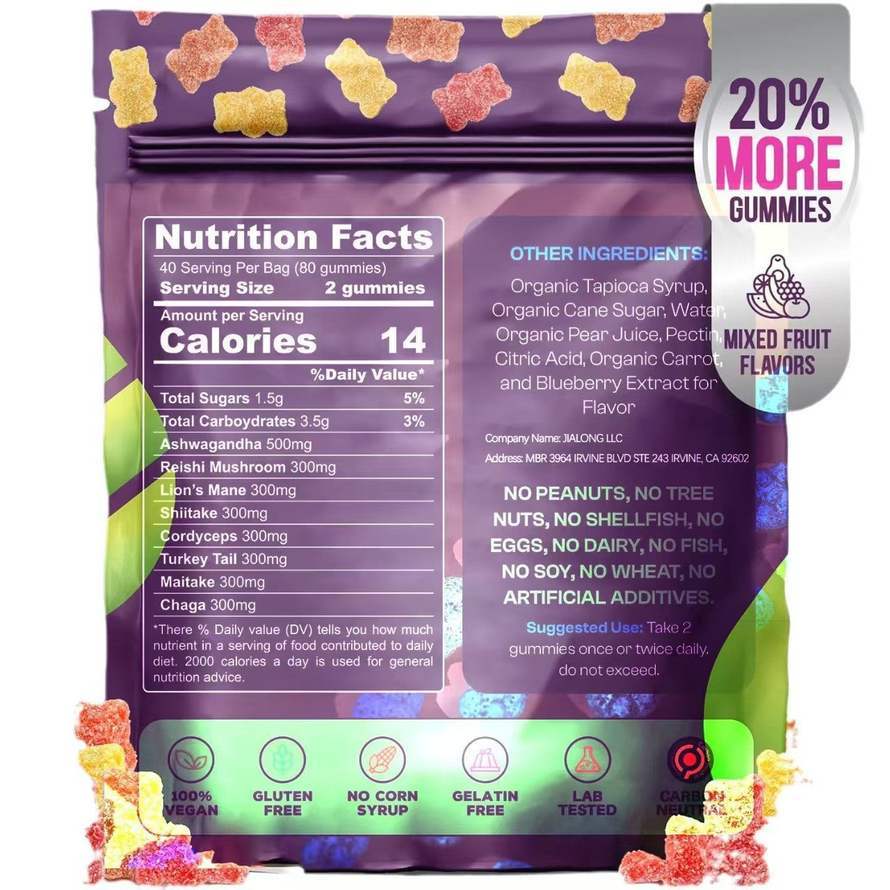 Mushroom Gummies with Ashwagandha – Lions Mane, Reishi, Chaga, Cordyceps & More – 80 Vegan Gummies, Mixed Fruit Flavor