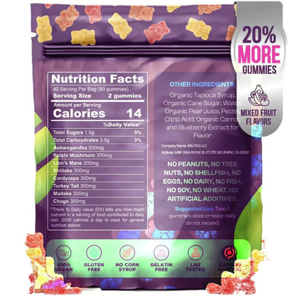 Mushroom Gummies with Ashwagandha – Lions Mane, Reishi, Chaga, Cordyceps & More – 80 Vegan Gummies, Mixed Fruit Flavor