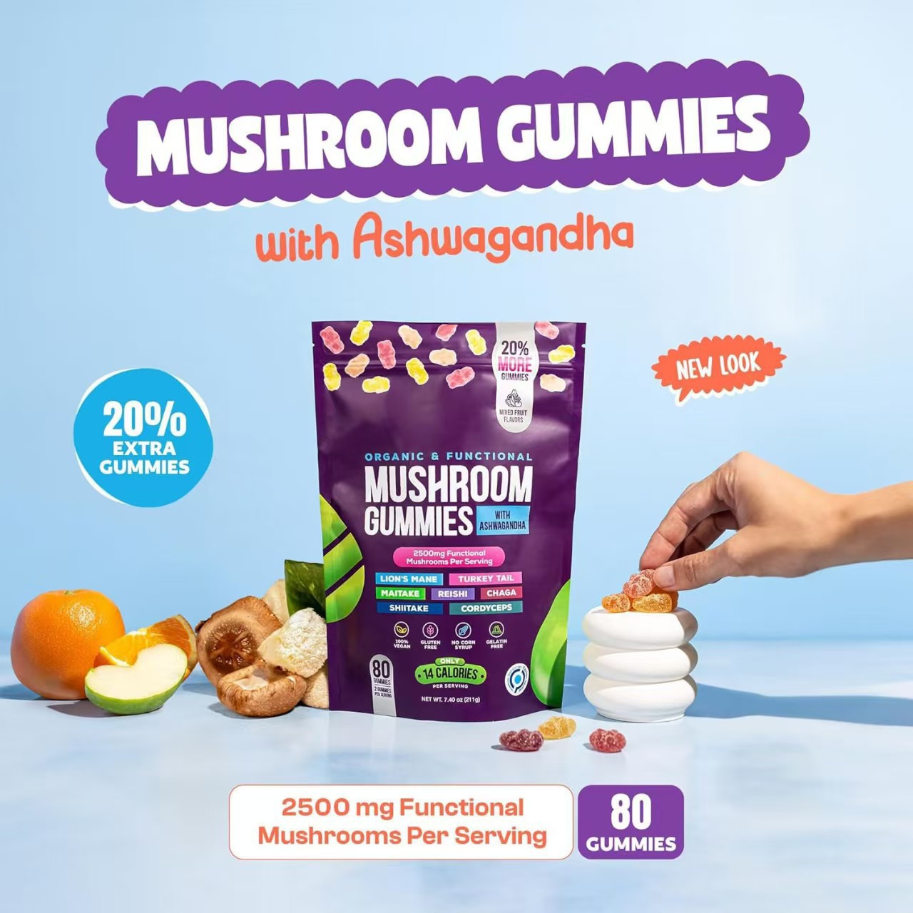 Mushroom Gummies with Ashwagandha – Lions Mane, Reishi, Chaga, Cordyceps & More – 80 Vegan Gummies, Mixed Fruit Flavor