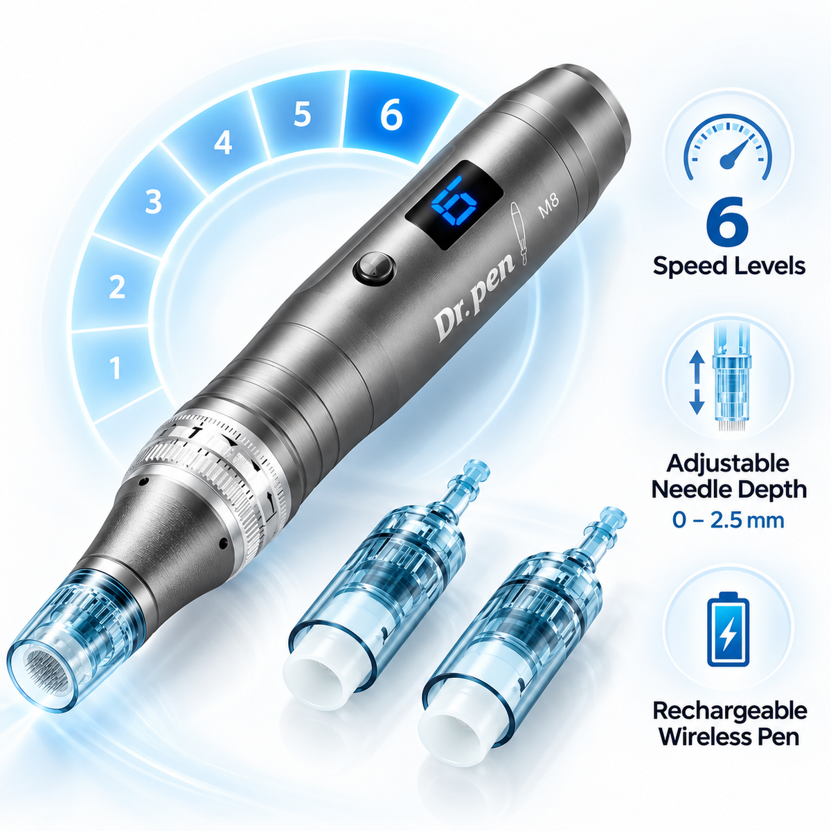 Illustrative M8 features: six speeds, adjustable needle depth and rechargeable design