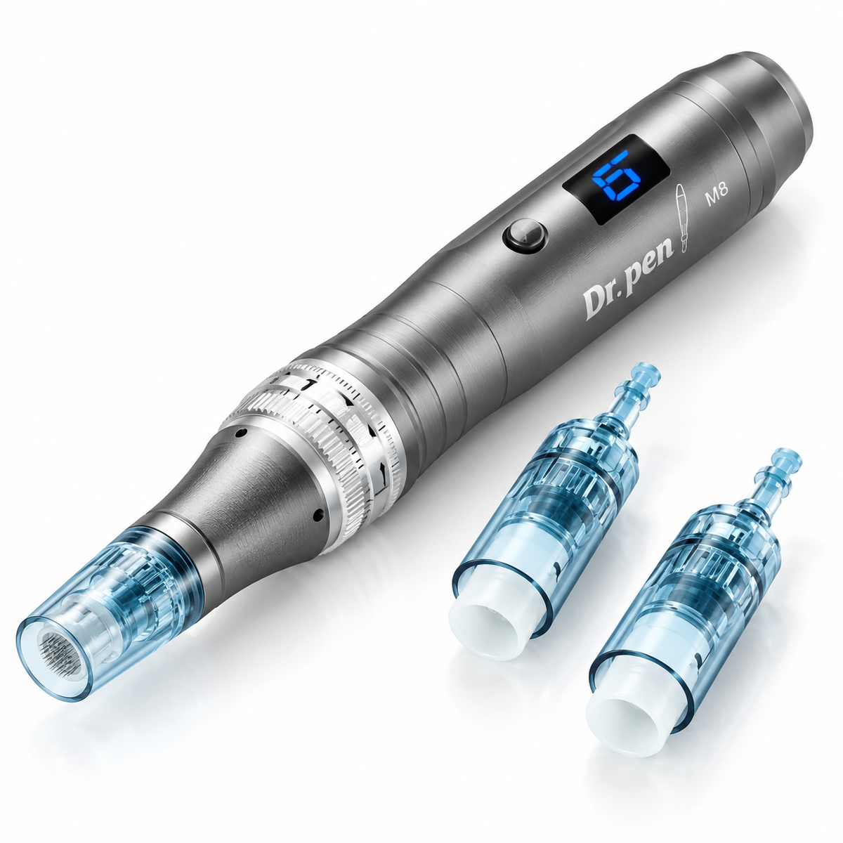 Illustrative render of Dr. Pen M8 pen with two compatible-looking cartridges on white background