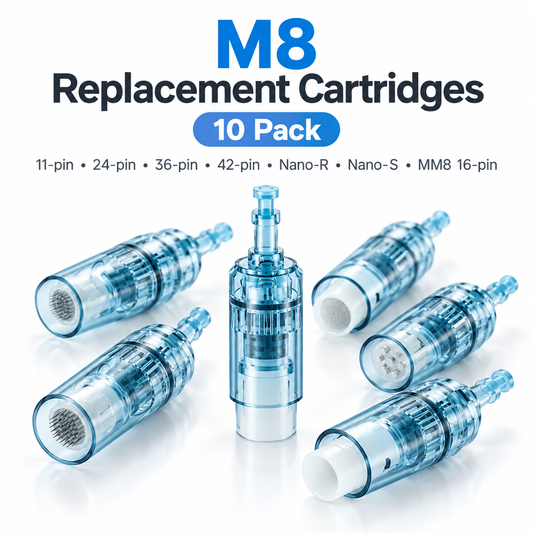 Illustrative rendering of M8 replacement needle cartridges, 10-pack product